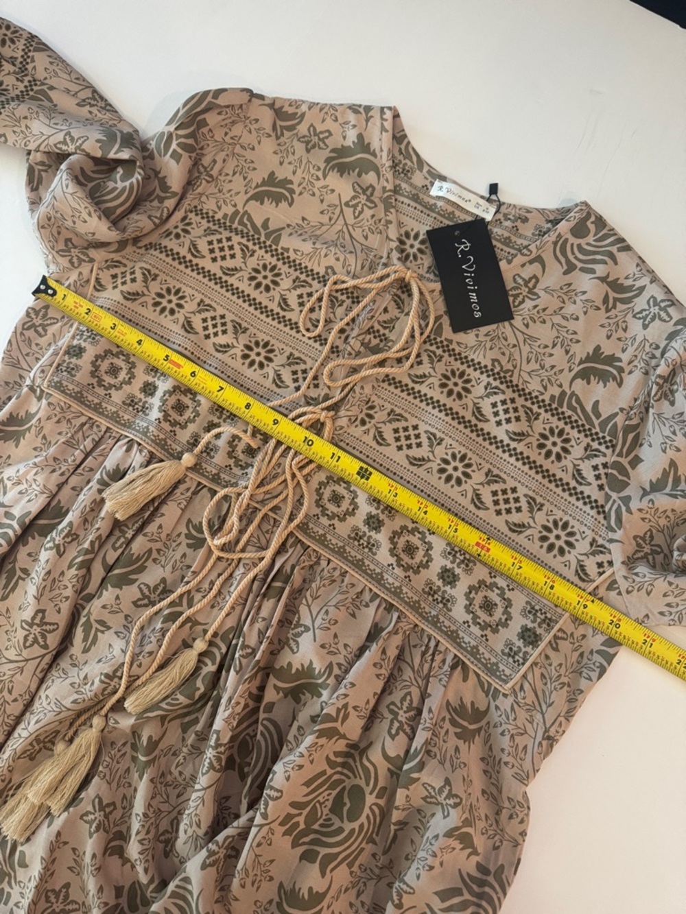 R. Vivimos Cream& Sage Bohemian Floral Flowy Midi Dress, Lightweight Comfy! - Picture 13 of 16